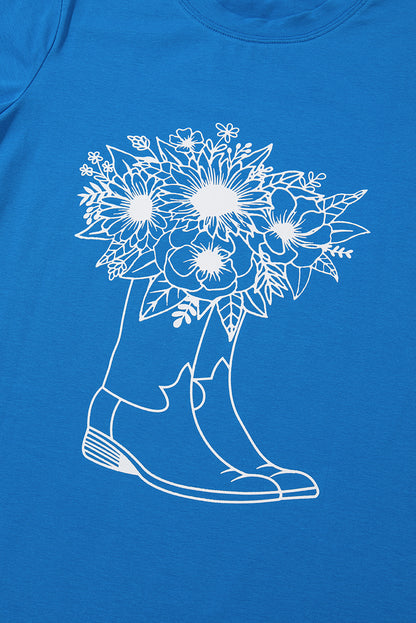 Blue Sunflower Boots Graphic Western Fashion T Shirt