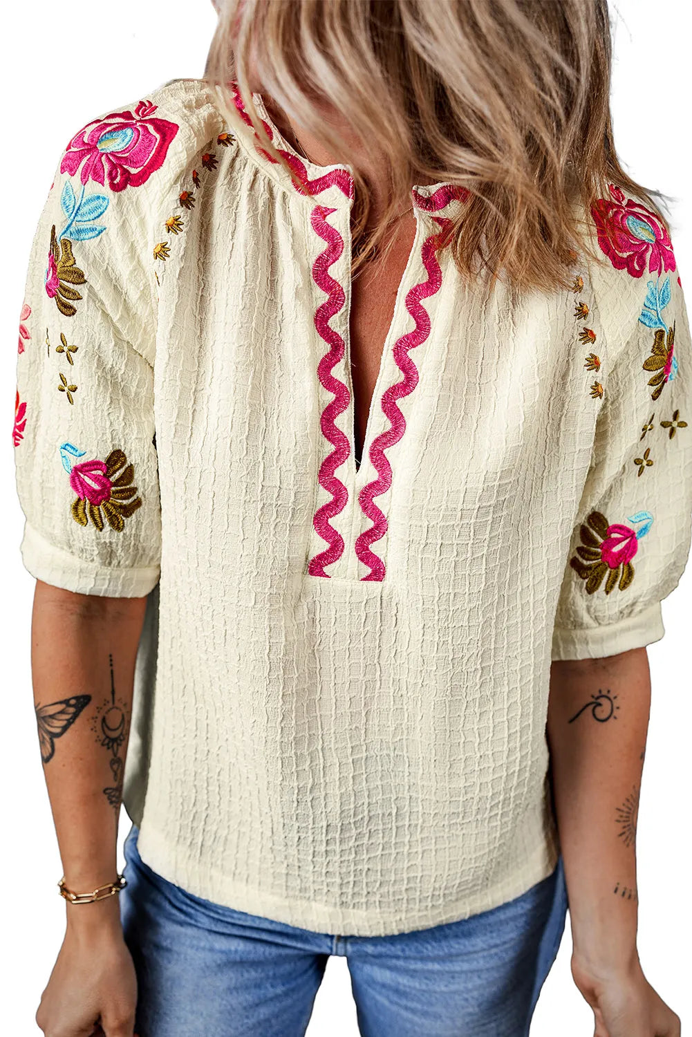 Beige Floral Embroidered Ricrac Puff Sleeve Textured Blouse - Chic Meadow Boutique 