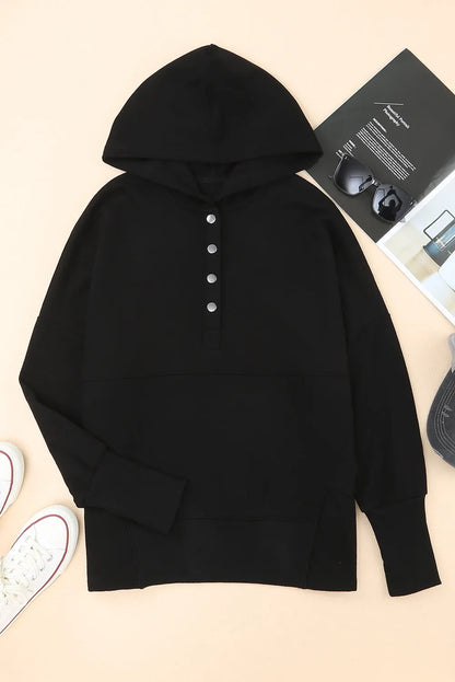 Black Batwing Sleeve Pocketed Henley Hoodie - Chic Meadow Boutique 