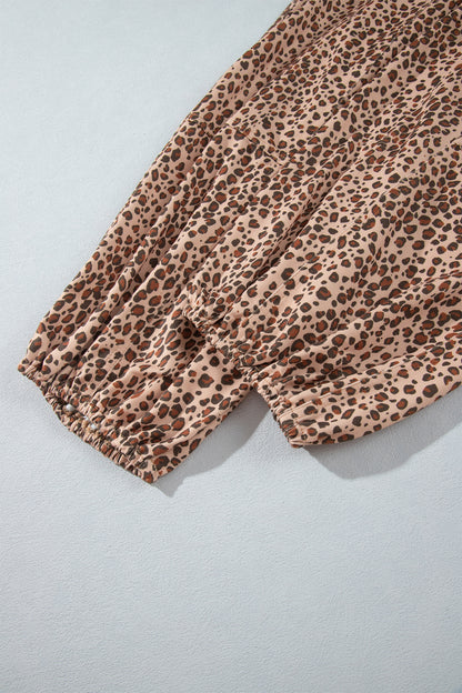 Khaki Leopard Print Drawstring Waist Patch Pockets Pants