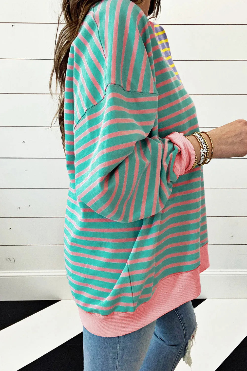 Casual Stripe Colorblock Drop Shoulder Oversize Sweatshirt - Chic Meadow Boutique 