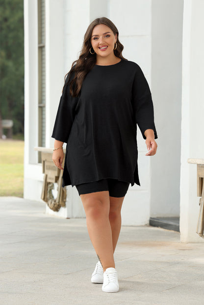 Color black Solid Color Loose Tunic Top and Slim Shorts Set