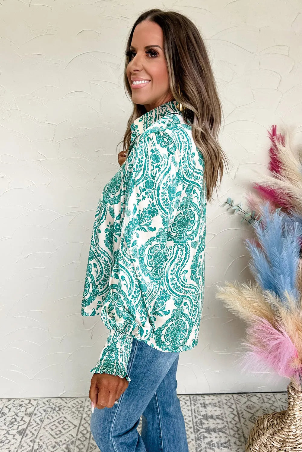 Green Paisley Print Smocked Cuff Buttoned Loose Shirt - Chic Meadow Boutique 