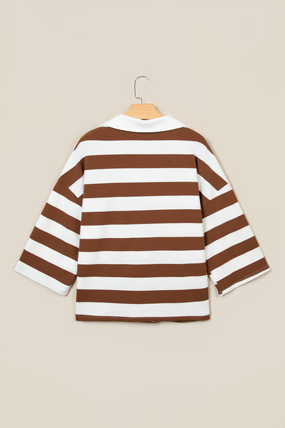 Brown Stripe Contrast Collar 3/4 Sleeve Oversized Casual Top