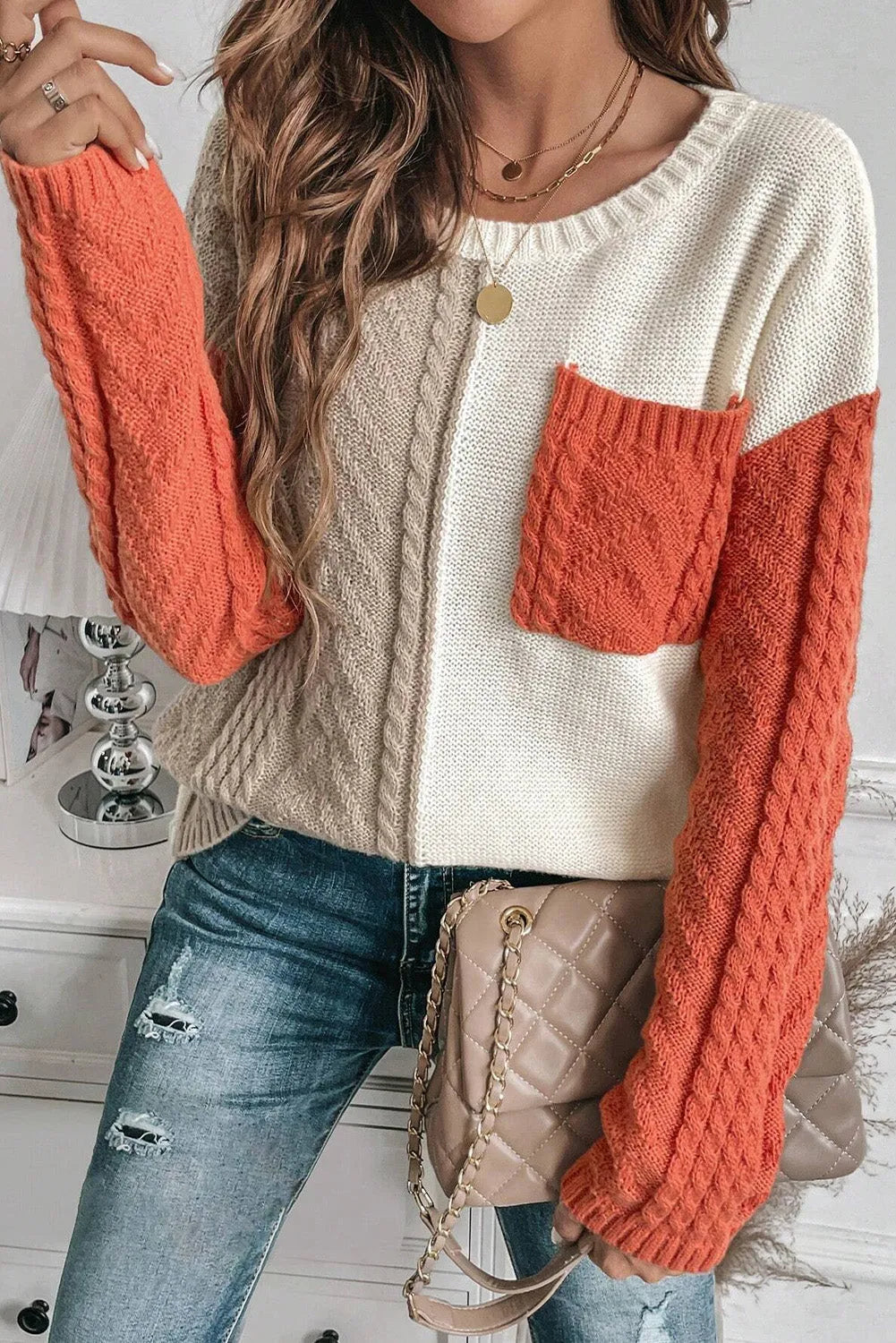 Gold Flame Colorblock Patched Pocket Drop Shoulder Sweater - Chic Meadow Boutique 