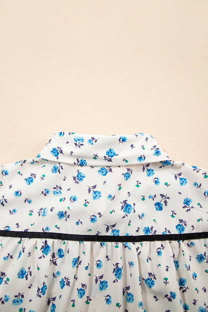 White Contrast Trim Floral Puff Short Sleeve Shirt