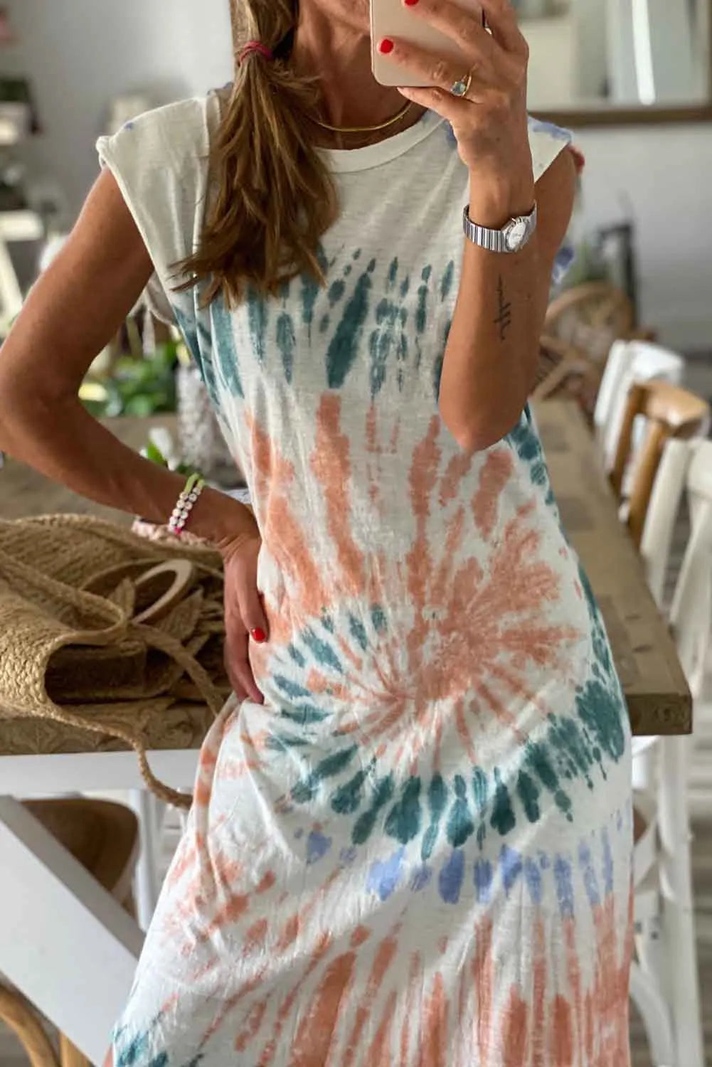 White Cap Sleeve Tie Dye Long Slit Dress - Chic Meadow Boutique 