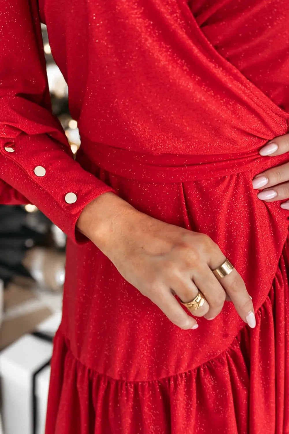 Racing Red Tinsel Buttoned Bishop Sleeve Surplice Neck Ruffled Mini Dress - Chic Meadow Boutique 