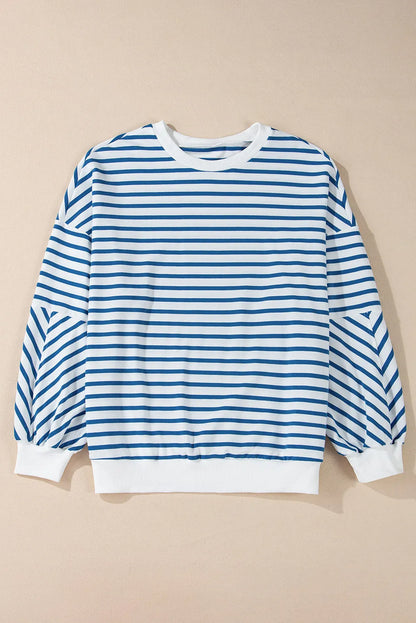 Blue Stripe Drop Shoulder Crew Neck Loose Sweatshirt - Chic Meadow Boutique 