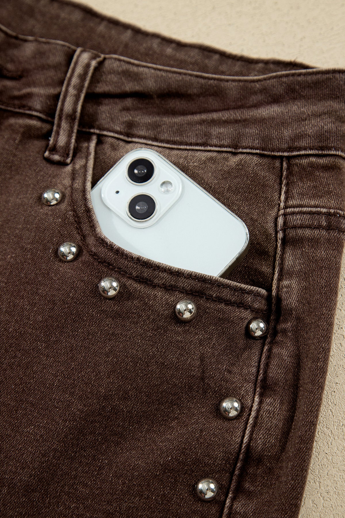 Coffee Studded Detail Straight Leg Casual Loose Jeans