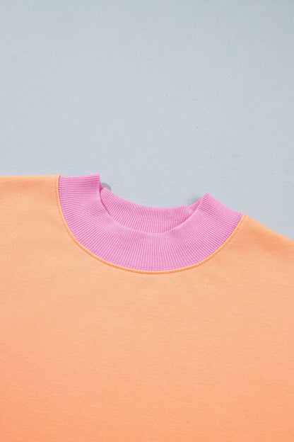 Grapefruit Orange Colorblock Trim Crewneck Long Sleeve Pullover Sweatshirt