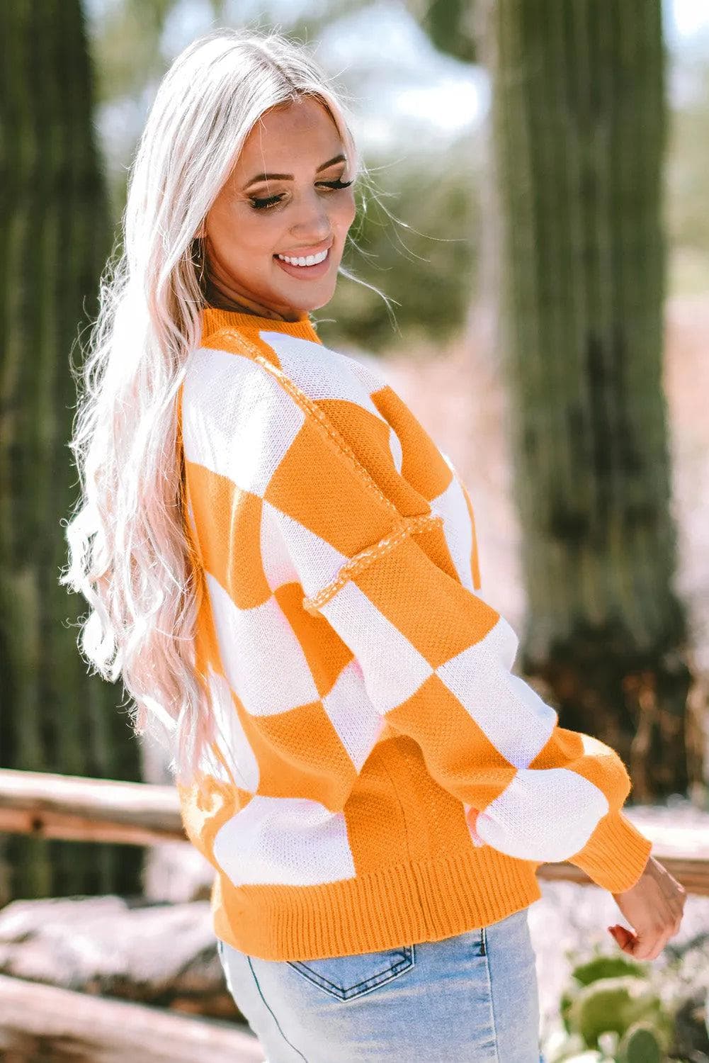 Tops/Sweaters & Cardigans Orange Checkered Bishop Sleeve Sweater