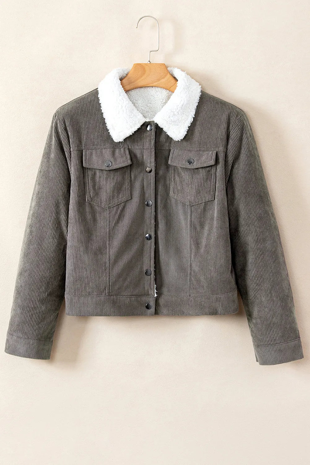 Gray Corduroy Sherpa Snap Button Flap Jacket - Chic Meadow Boutique 