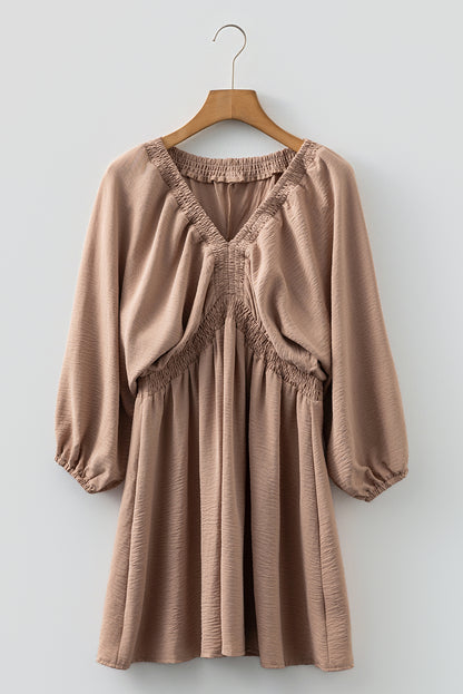 Smoke Gray Deep V Neck Bubble Sleeve Smocked Mini Dress