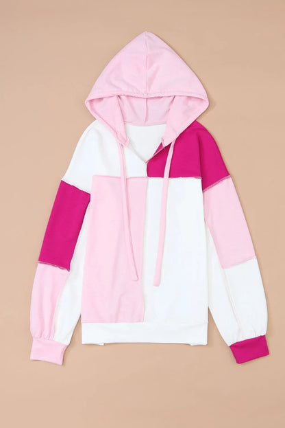 Pink Colorblock Exposed Seam Loose Sleeve Hoodie - Chic Meadow Boutique 