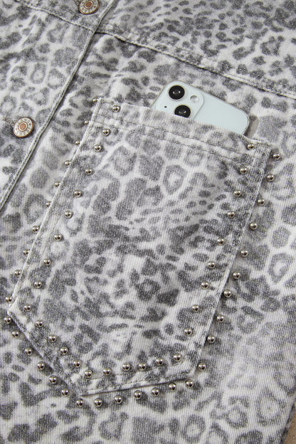 Khaki Leopard Print Studded Collar Studded Patch Pocket Denim Jacket