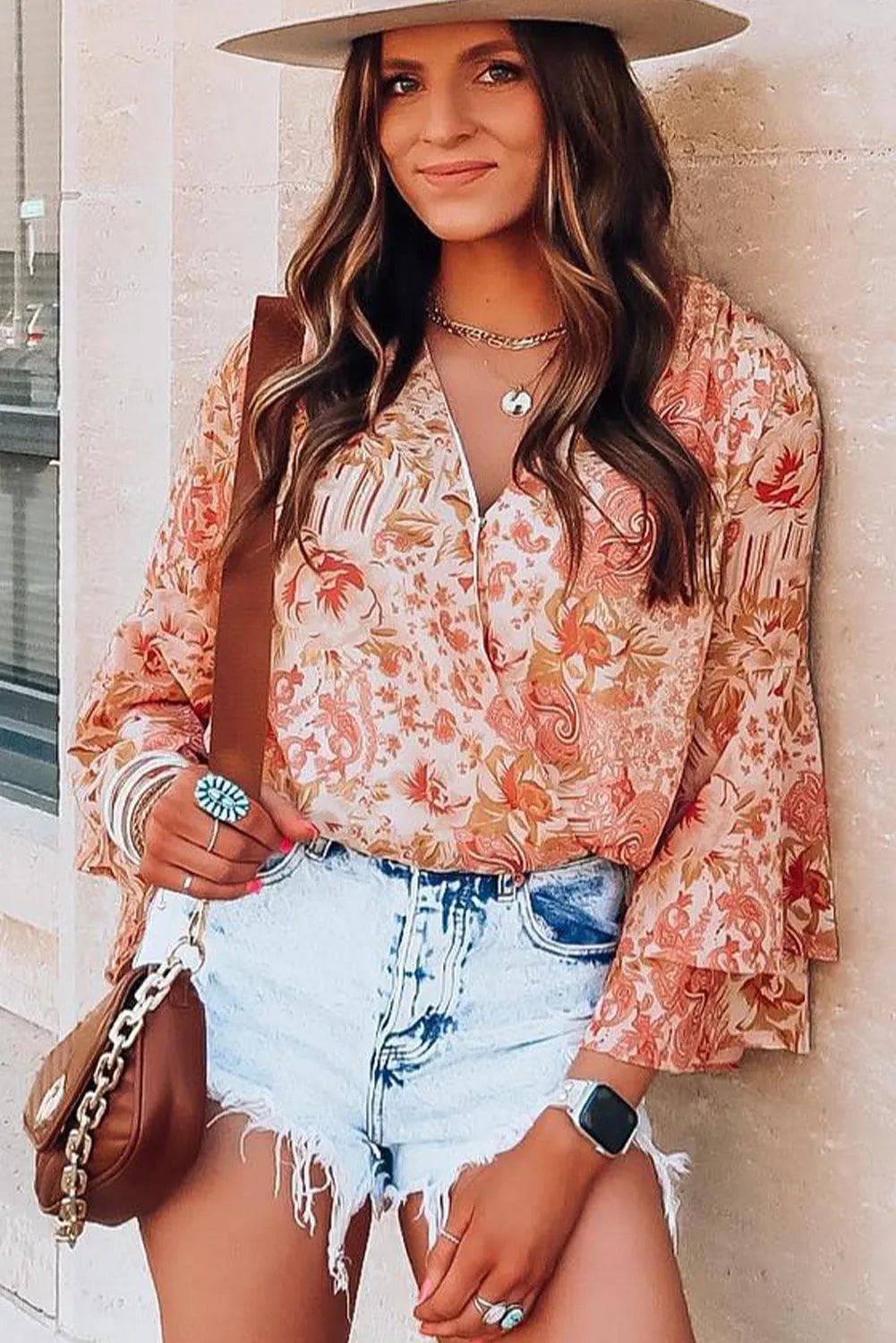 Tops/Bodysuits Orange Floral Print Ruffled Bell Sleeve V Neck Bodysuit