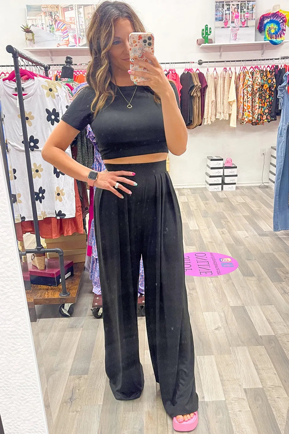 Black Slim Fit Crop Top and Pleated Wide Leg Pants Set - Chic Meadow Boutique 