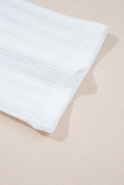 White Textured Hollow Grommet Placket Split Neck Short Sleeve Top