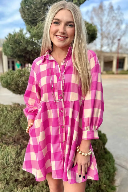 Rose Red Plaid Collared Bracelet Sleeve Shirt Flare Mini Dress - Chic Meadow Boutique 