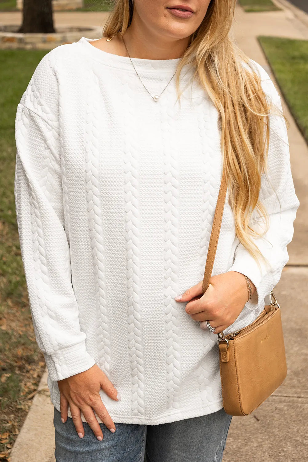 White Cable Textured Loose Plus Size Sweatshirt - Chic Meadow Boutique 