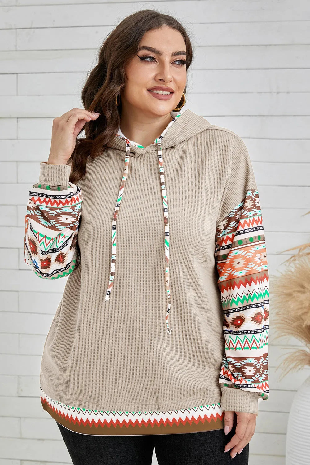 Smoke Gray Aztec Patchwork Sleeve Waffle Drawstring Plus Hoodie - Chic Meadow Boutique 