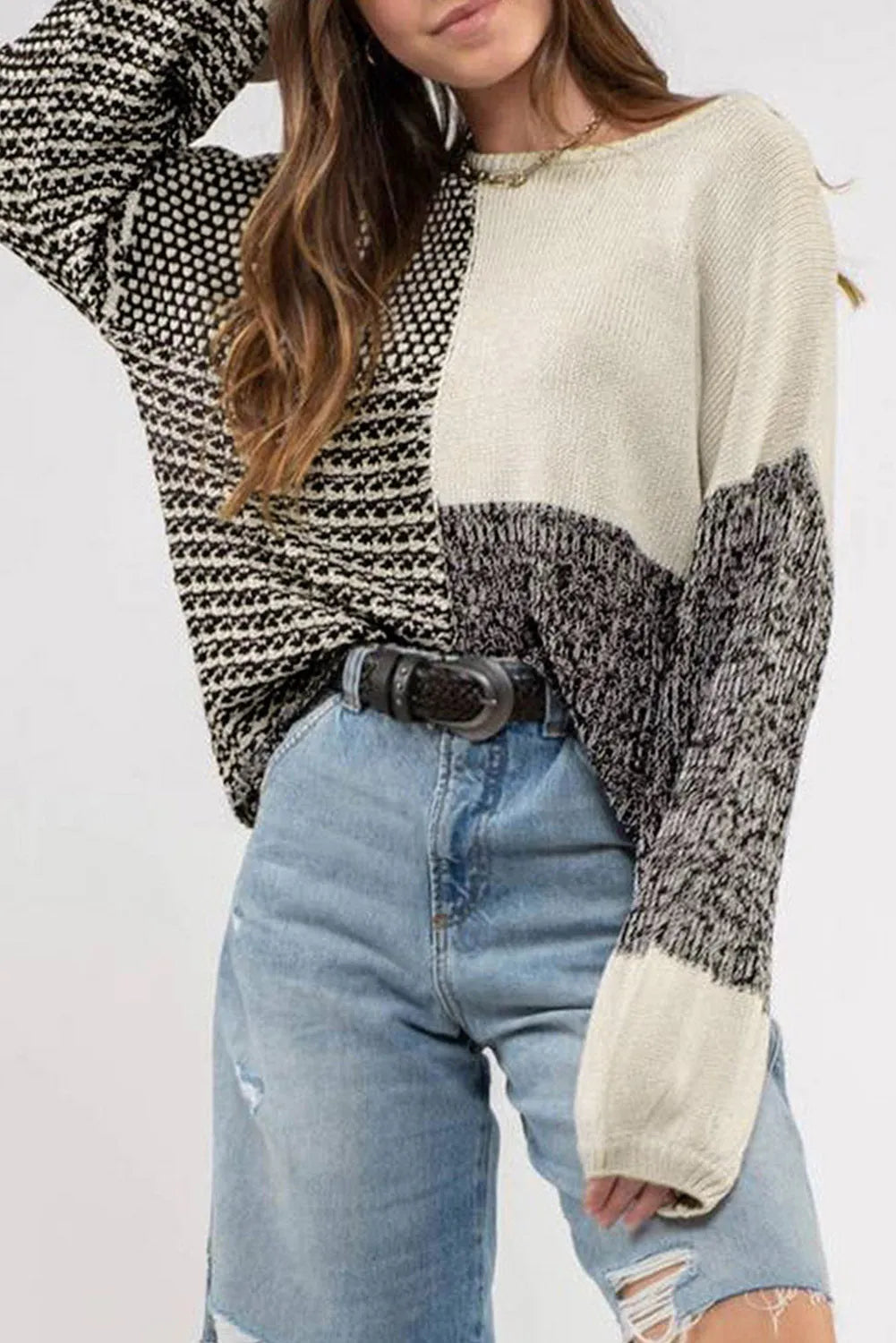 Black Neutral Colorblock Tie Back Sweater - Chic Meadow Boutique 