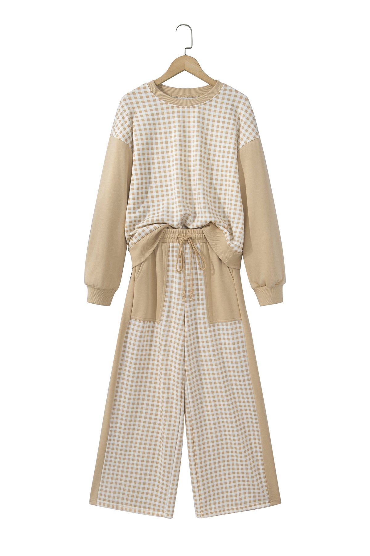 Khaki Color Block Plaid Patchwork Long Sleeve Pullover Wide Leg Pant Set