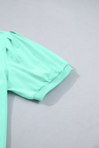 Mint Green Solid Color V Neck Short Puff Sleeve Blouse