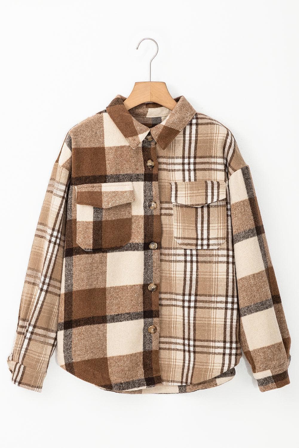 Outerwear/Plaid Shackets Light French Beige Flannel Plaid Double Flap Pocket Shacket