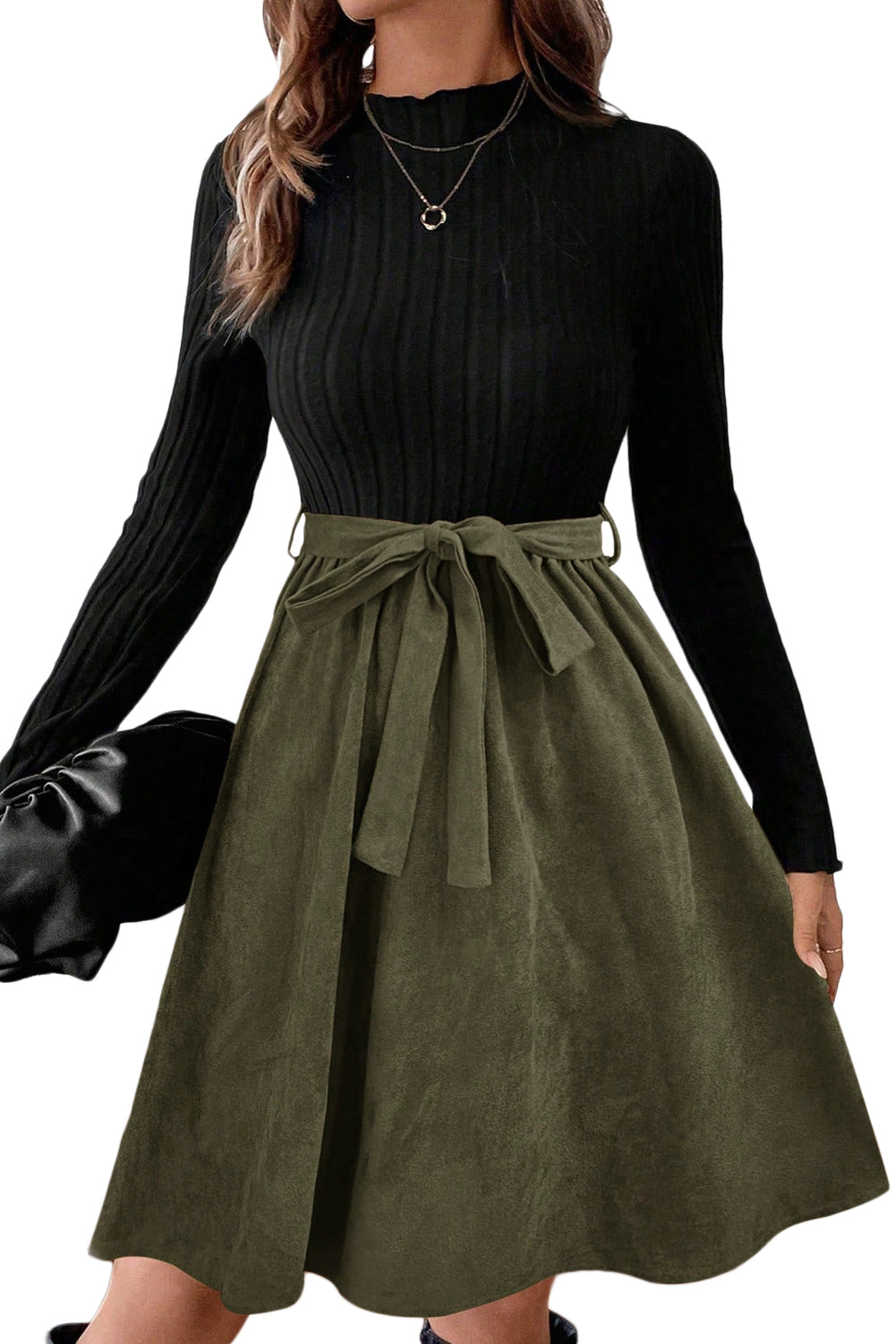 Black Ribbed Knit Slim Bodice Contrast Flared Skirt Patchwork Belted Dress