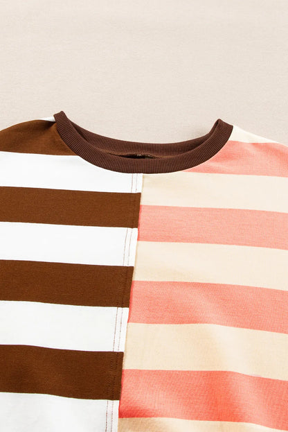 Brown Stripe Color Block Drop Shoulder Pullover Sweatshirt - Chic Meadow Boutique 