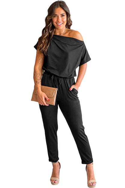 Black Tie Waist Short Sleeve Tapered Jumpsuit - Chic Meadow Boutique 