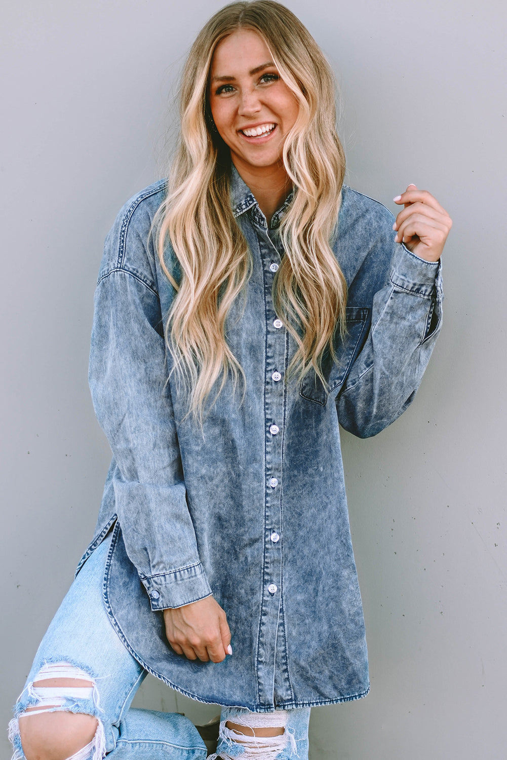 Sky Blue Vintage Washed Chest Pocket Denim Shirt - Chic Meadow Boutique 