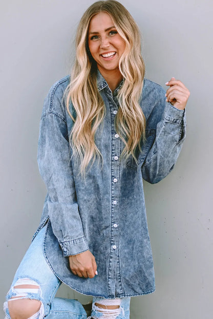 Sky Blue Vintage Washed Chest Pocket Denim Shirt - Chic Meadow Boutique 