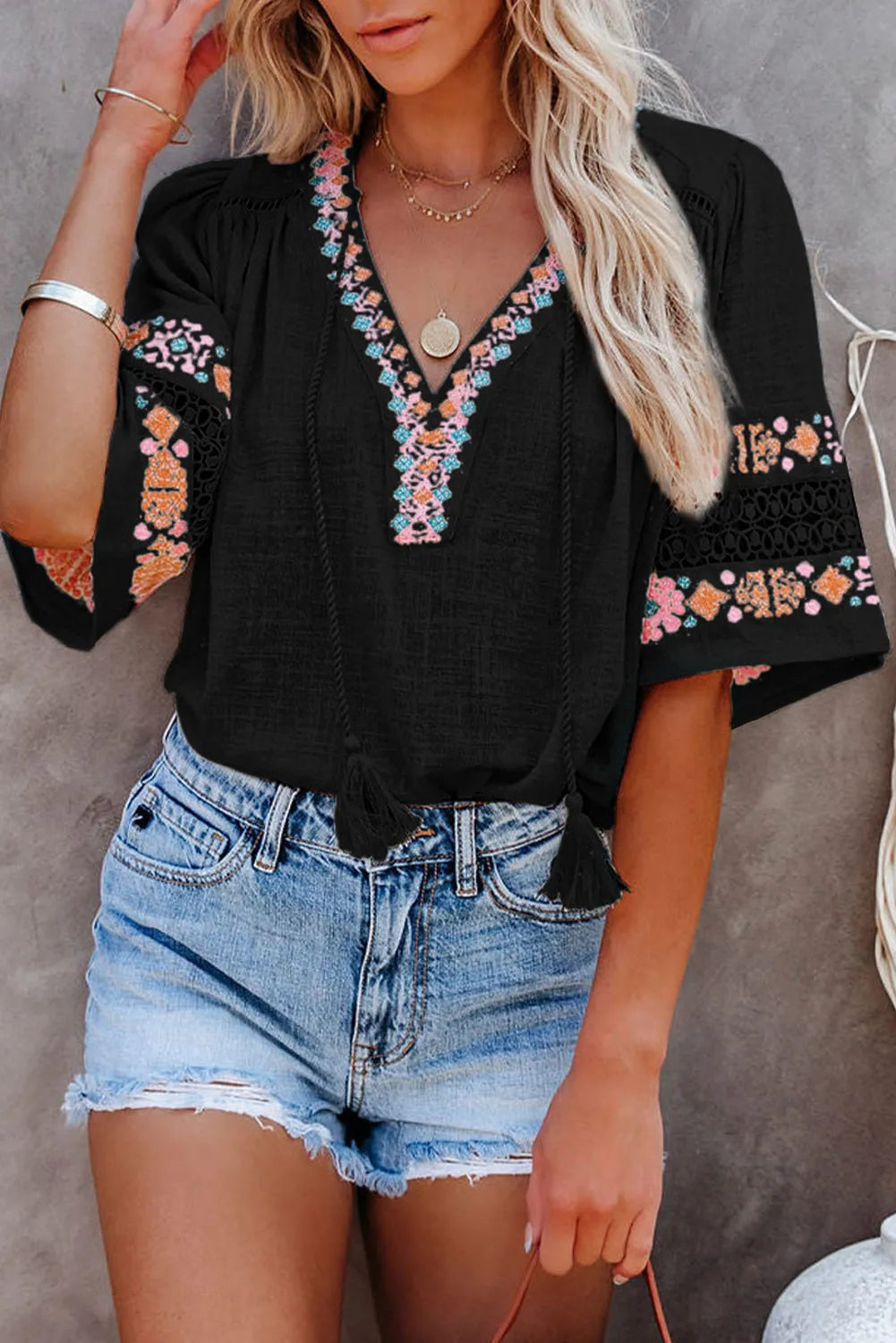 Black Tassel Drawstring Embroidered Half Sleeve V Neck Top - Chic Meadow Boutique 