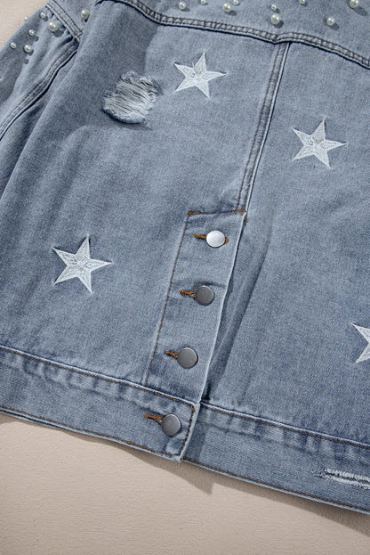 Sky Blue Distressed Pearls Star Cropped Denim Jacket - Chic Meadow Boutique 