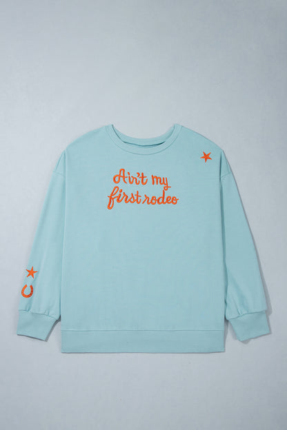 Haze Blue Letter Print Round Neck Loose Fit Long Sleeve Plus Size Sweatshirt
