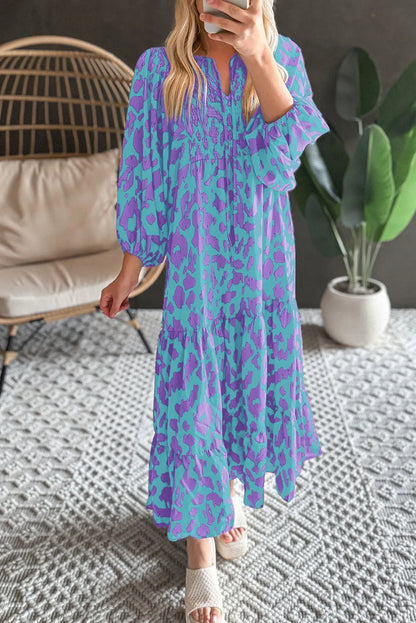 Sky Blue Abstract Print Puff Sleeve Tied Notched Neck Long Dress - Chic Meadow Boutique 