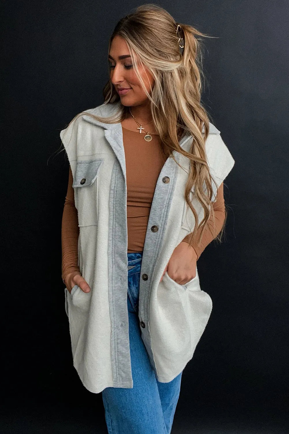 Light Grey Flap Pockets Contrast Buttons Front Jacket Vest - Chic Meadow Boutique 