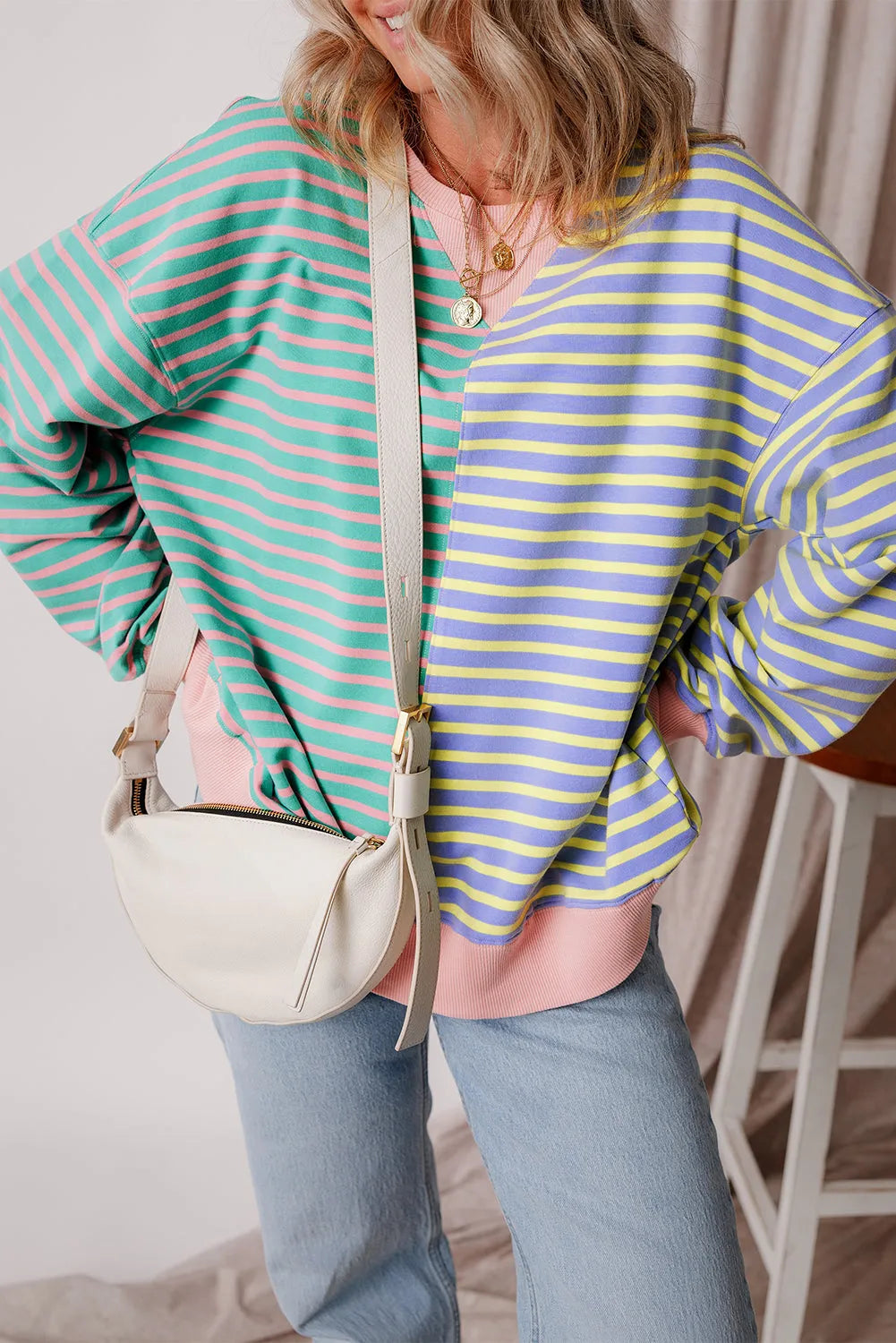 Casual Stripe Colorblock Drop Shoulder Oversize Sweatshirt - Chic Meadow Boutique 