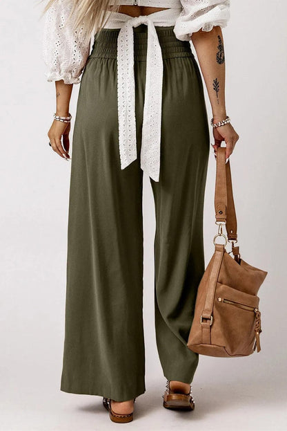 Bottoms/Pants & Culotte Green Brown Drawstring Elastic Waist Casual Wide Leg Pants