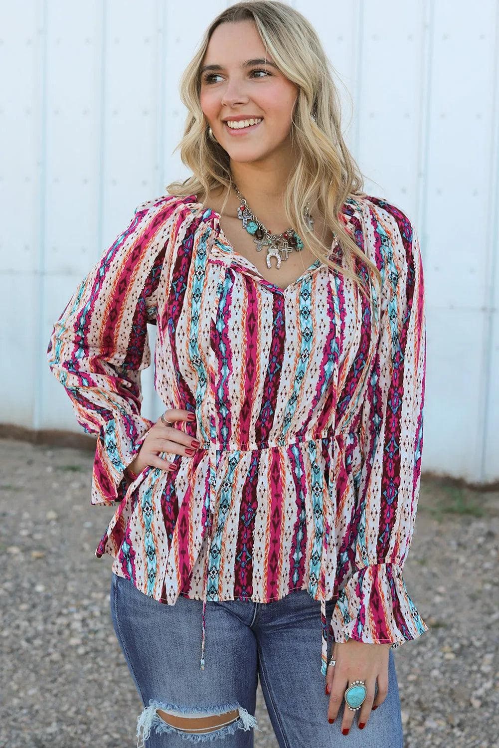 Tops/Blouses & Shirts Multicolour / S / 100%Polyester Multicolour Western Aztec Split Neck Peplum Blouse