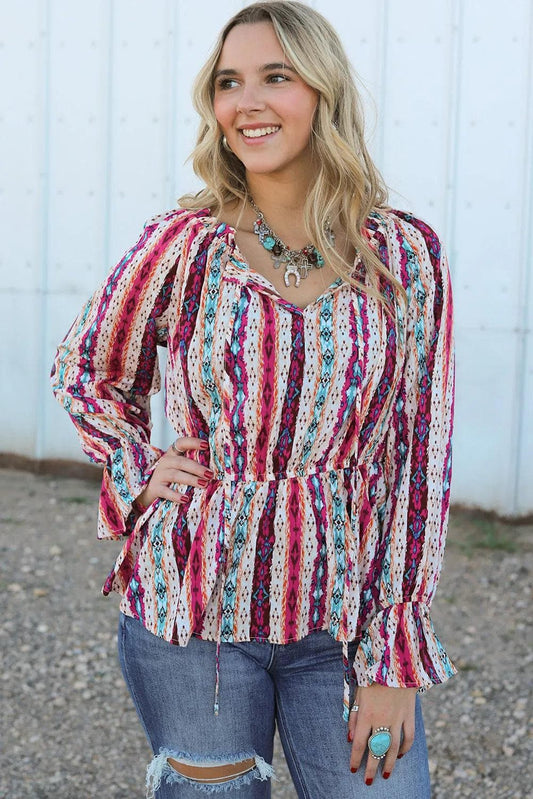 Tops/Blouses & Shirts Multicolour / S / 100%Polyester Multicolour Western Aztec Split Neck Peplum Blouse