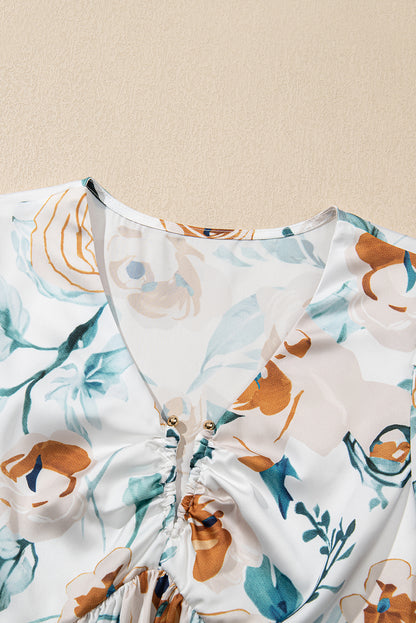 Green Floral Print Puff Sleeve V Neck Babydoll Blouse
