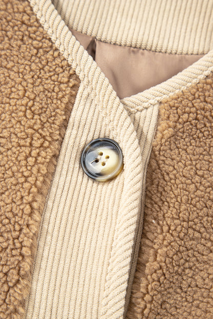 Light French Beige Puffy Plush Corduroy Edge Patchwork Jacket with Big Pockets