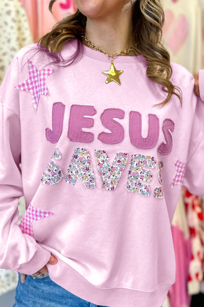 Pink JESUS SAVES Gingham Star Patchwork Detail Plus Size Sweatshirt