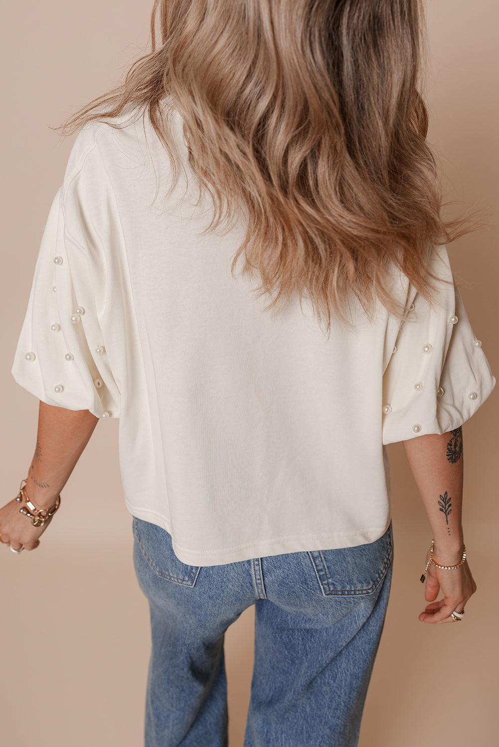 White Pearled Puff Sleeve Round Neck Loose Top