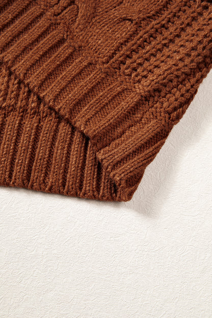 Coffee Solid Color Cable Knit High Neck Loose Pullover Sweater