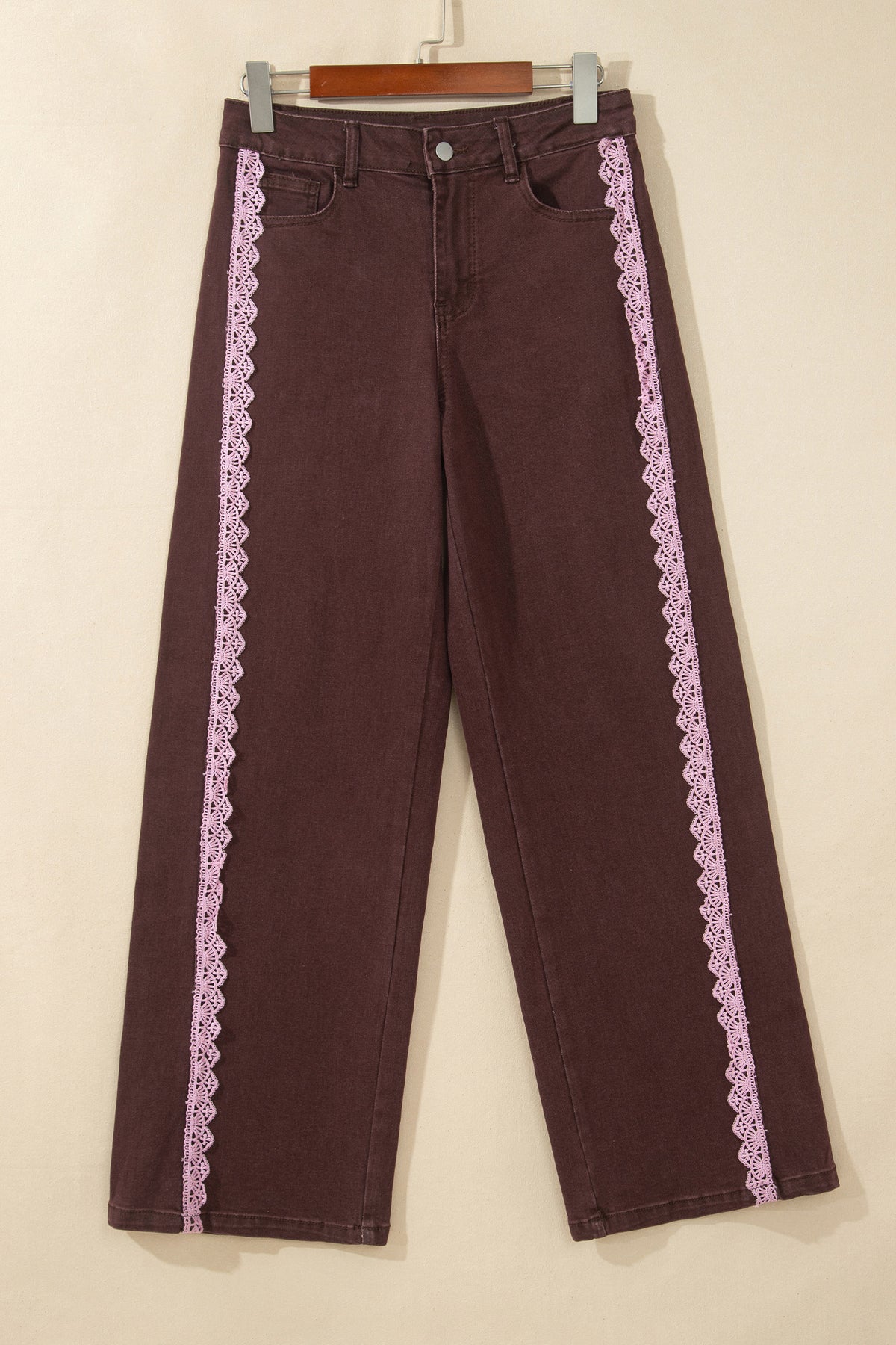 Coffee Lace Trim Casual Full-Length Regular Fit Jeans